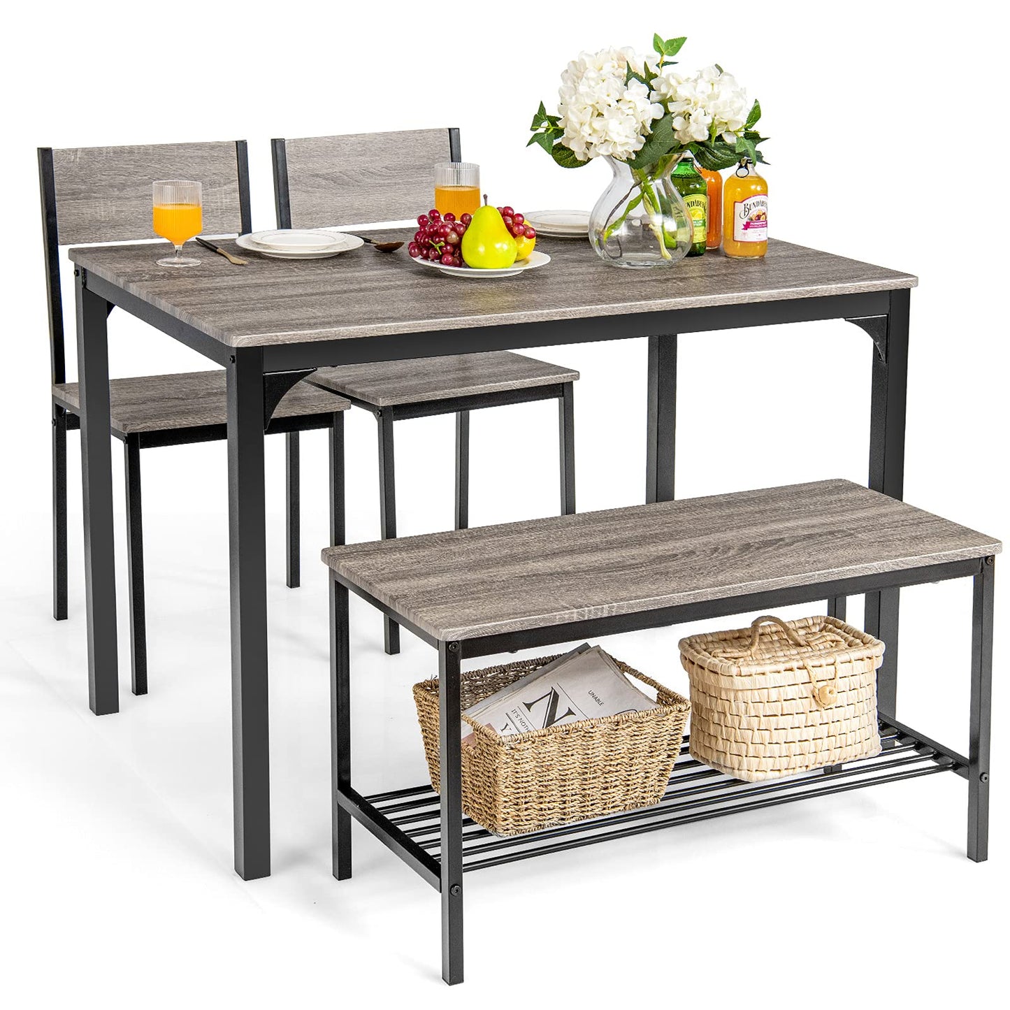 Dining Table Set for 4 with Bench, Metal Frame and Storage Rack, Modern Small Space Design