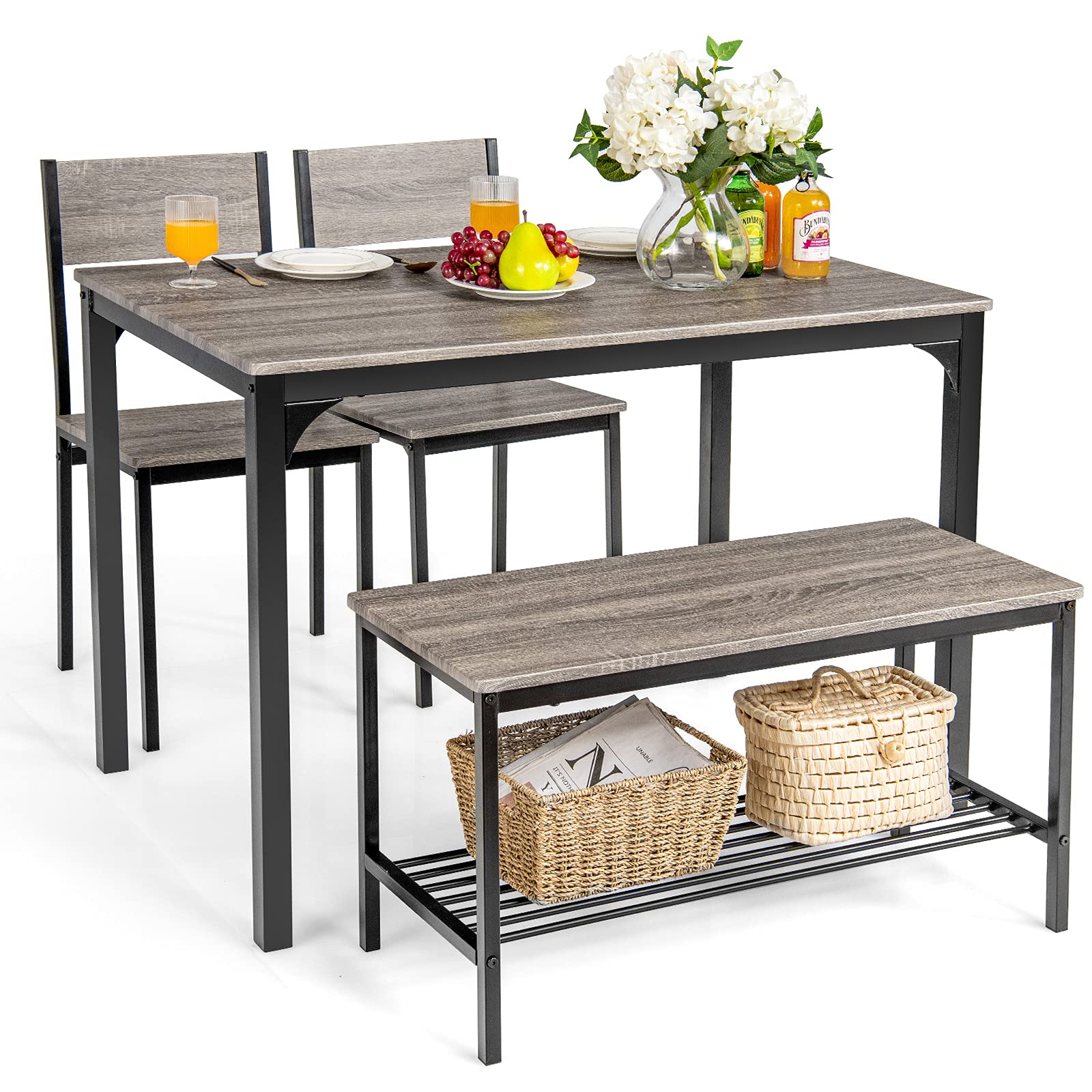 Dining Table Set for 4 with Bench, Metal Frame and Storage Rack, Modern Small Space Design