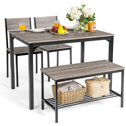 Dining Table Set for 4 with Bench, Metal Frame and Storage Rack, Modern Small Space Design