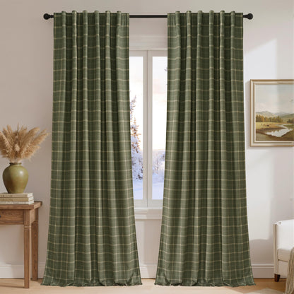 Linen Plaid Blackout Curtains Rod Pocket Back Tab Windowpane Drapes for Living Room Bedroom