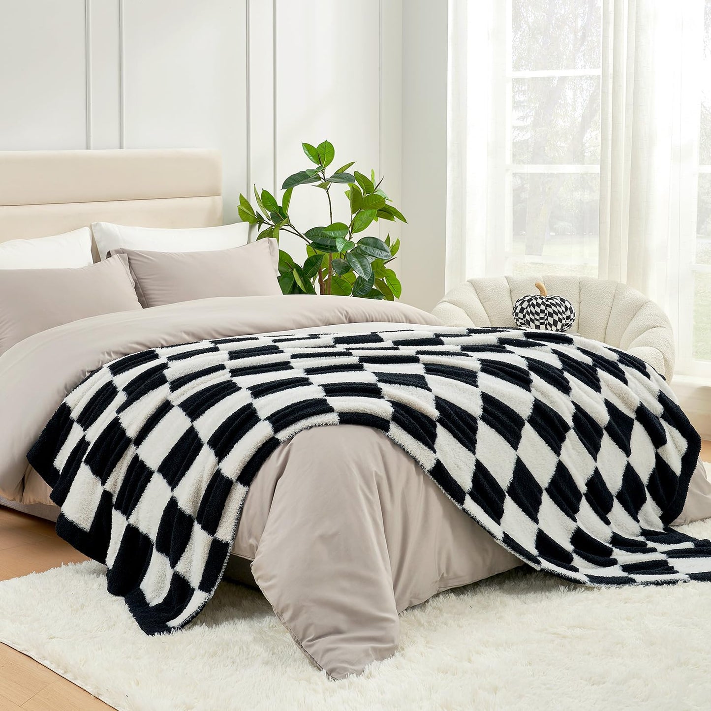 Snuggle Sac Faux Fur Checkered Throw Blanket with Fluffy Microfiber Fabric