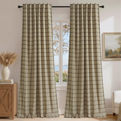 Linen Plaid Blackout Curtains Rod Pocket Back Tab Windowpane Drapes for Living Room Bedroom