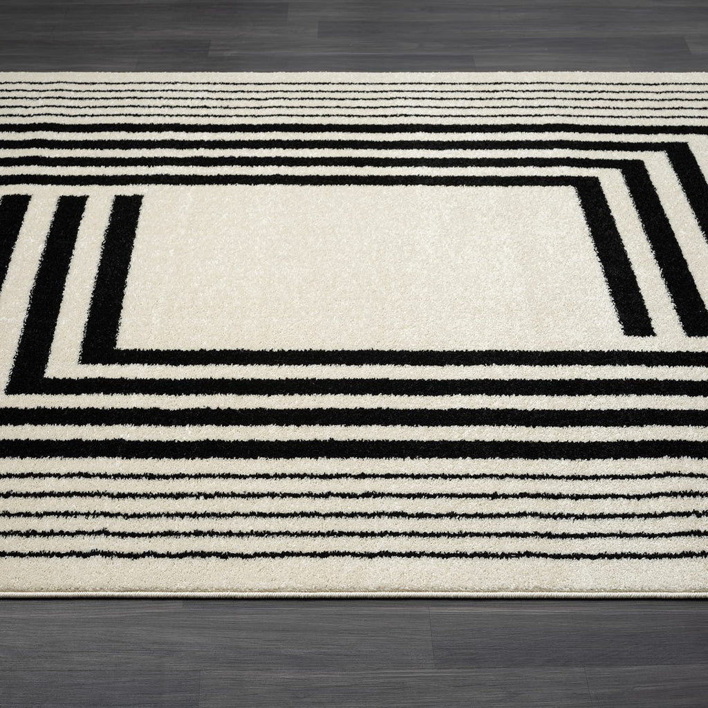 Geometric Beige Black Area Rug 3D Lines Modern Durable High Traffic Rug
