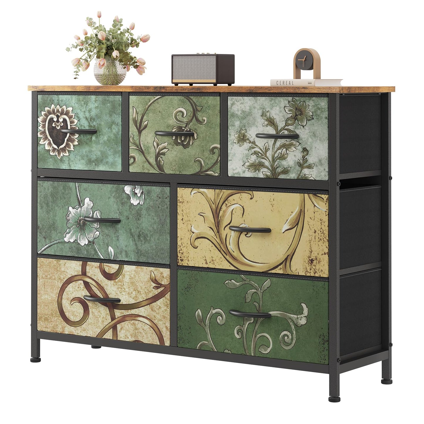 7-Drawer Fabric Dresser Storage Tower with Steel Frame and Wood Top