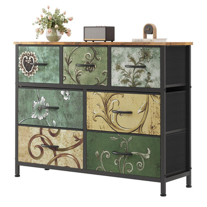 7-Drawer Fabric Dresser Storage Tower with Steel Frame and Wood Top
