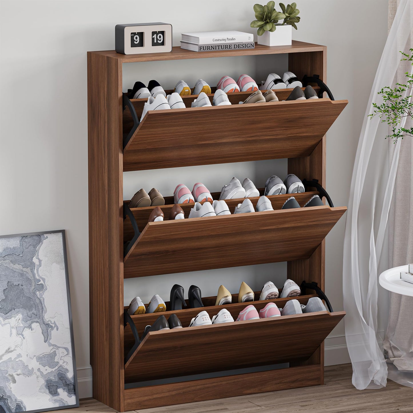 3-Flip Drawer Shoe Cabinet Freestanding Entryway Storage Cabinet