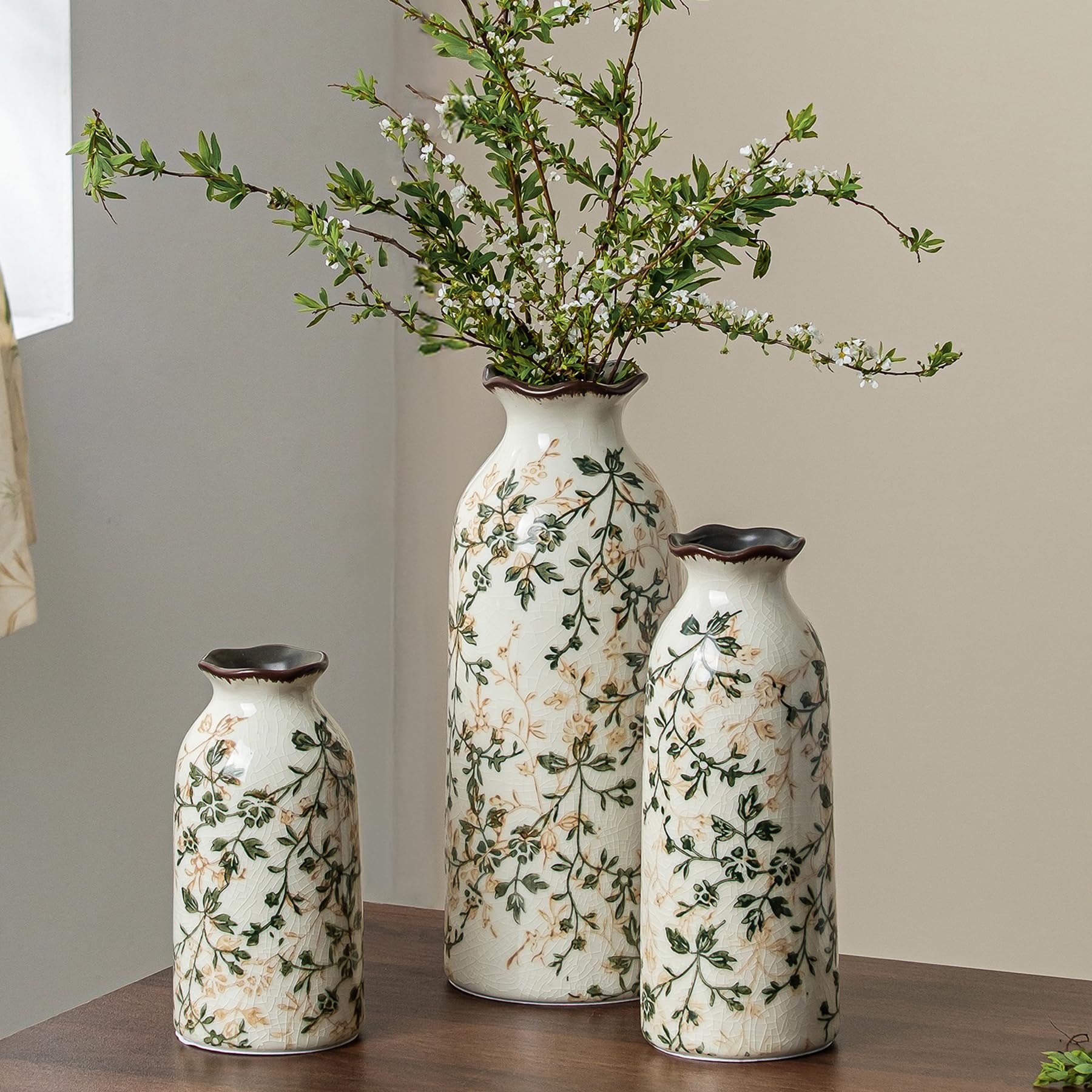 Vintage Chinoiserie Ceramic Floral Vase Retro Ice Cracked Large Home Decor
