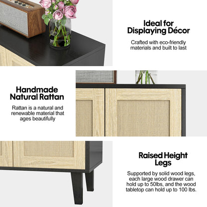 Rattan Door Sideboard Buffet Cabinet with Storage Accent Kitchen Cupboard