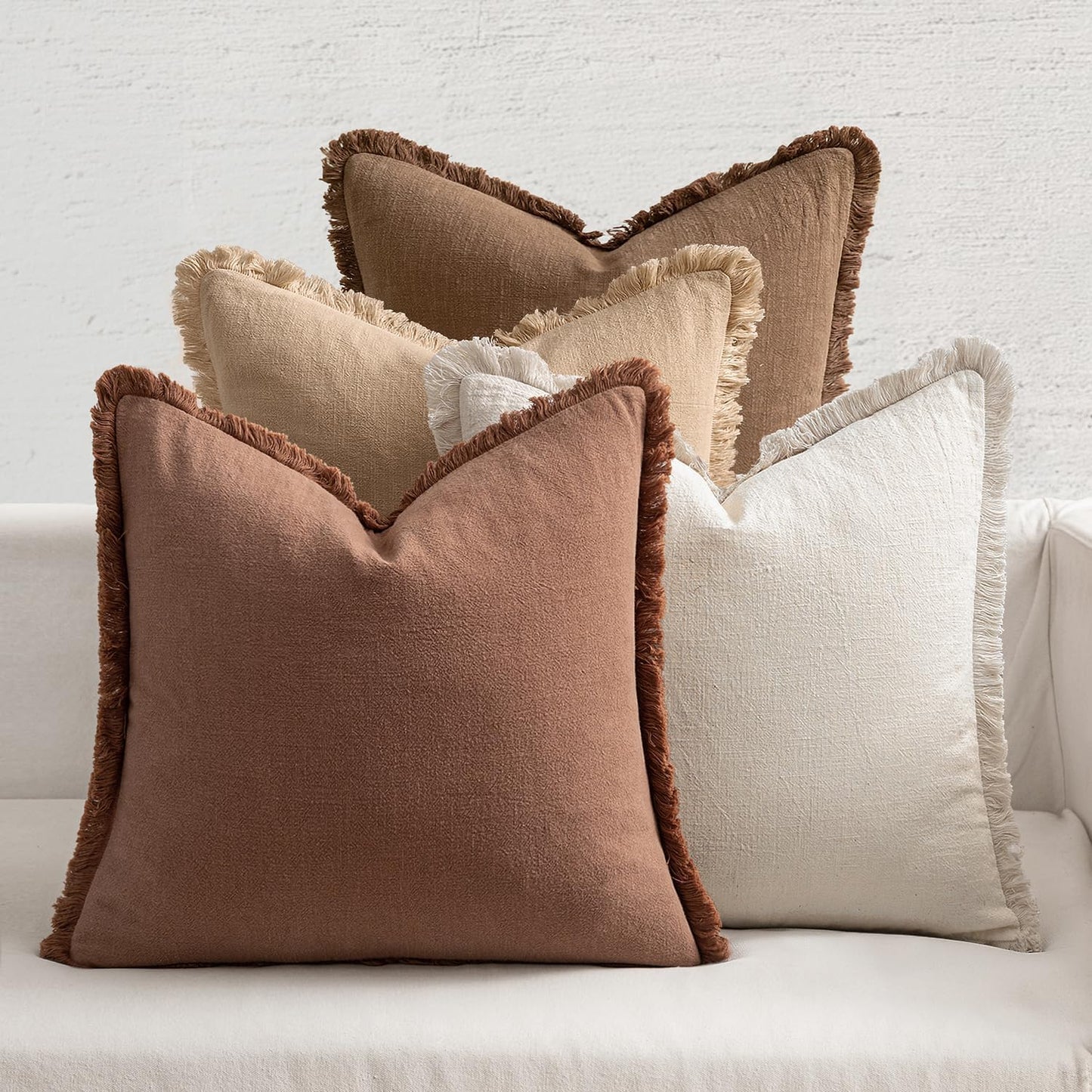 Neutral Linen Fringe Throw Pillow Covers Set of 4 Boho Farmhouse Tassel Cushion Covers for Sofa Bed Living Room Decor