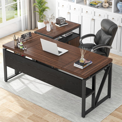 L-Shaped Executive Desk with Drawer Cabinet and File Storage Home Office Furniture