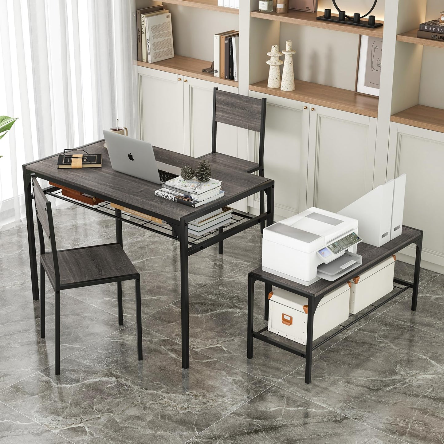 Dining Table Set for 4 with Bench, Metal Frame and Storage Rack, Modern Small Space Design