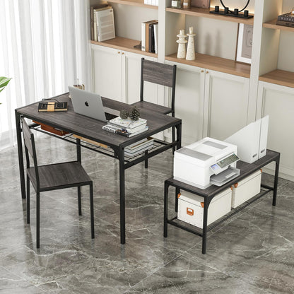 Dining Table Set for 4 with Bench, Metal Frame and Storage Rack, Modern Small Space Design