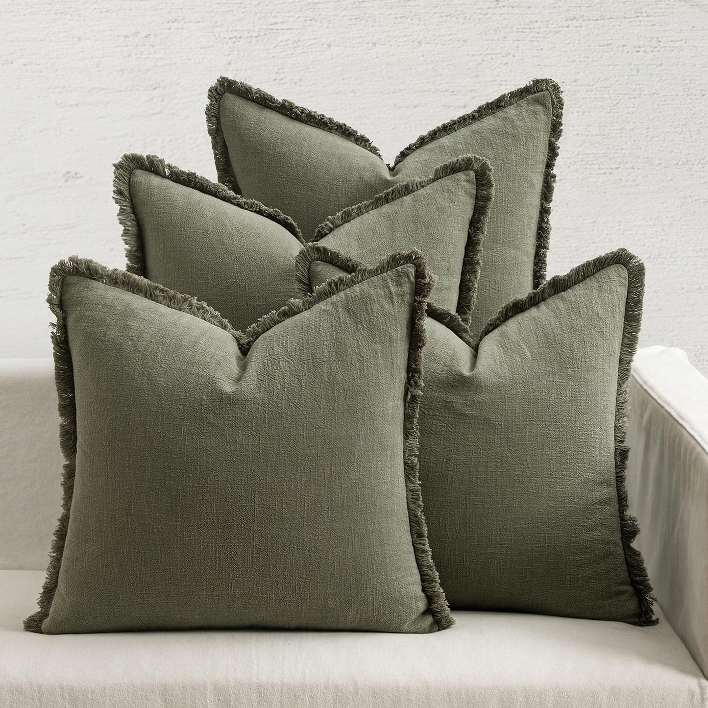 Neutral Linen Fringe Throw Pillow Covers Set of 4 Boho Farmhouse Tassel Cushion Covers for Sofa Bed Living Room Decor