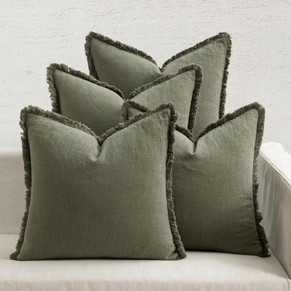 Neutral Linen Fringe Throw Pillow Covers Set of 4 Boho Farmhouse Tassel Cushion Covers for Sofa Bed Living Room Decor