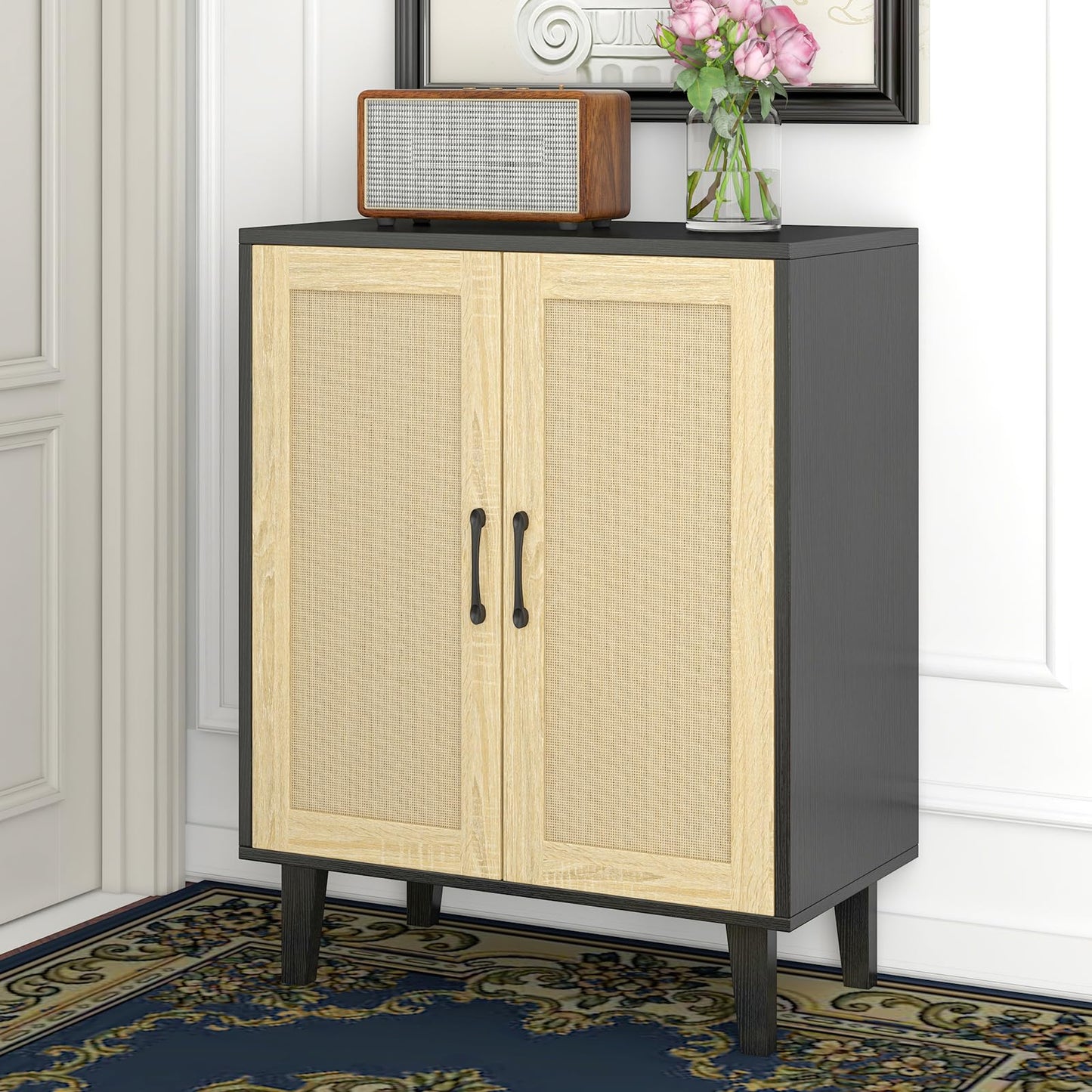 Rattan Door Sideboard Buffet Cabinet with Storage Accent Kitchen Cupboard