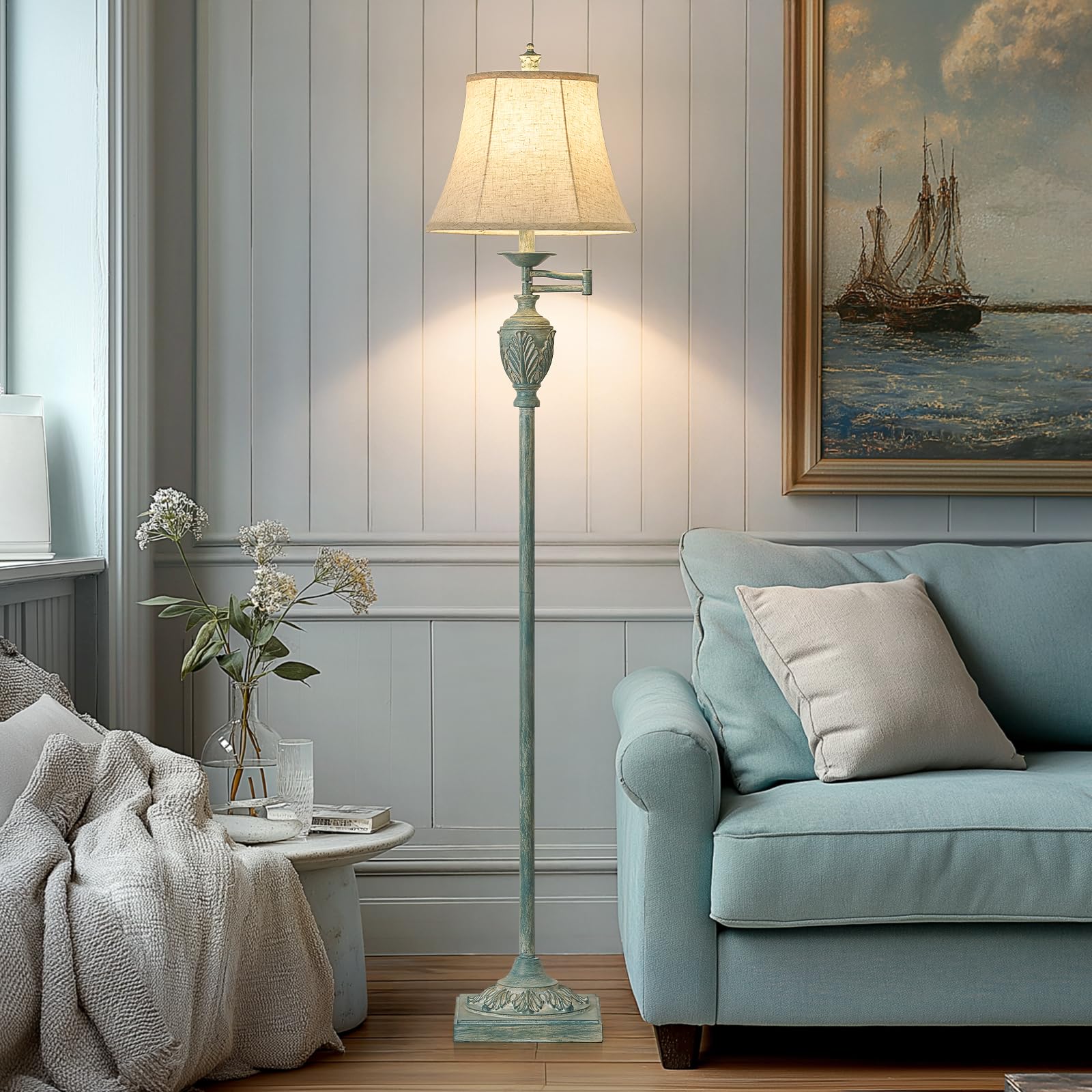 Vintage LED Floor Lamp with Adjustable Swing Arm Faux Silk Shade Rustic Standing Light for Living Room Bedroom Office