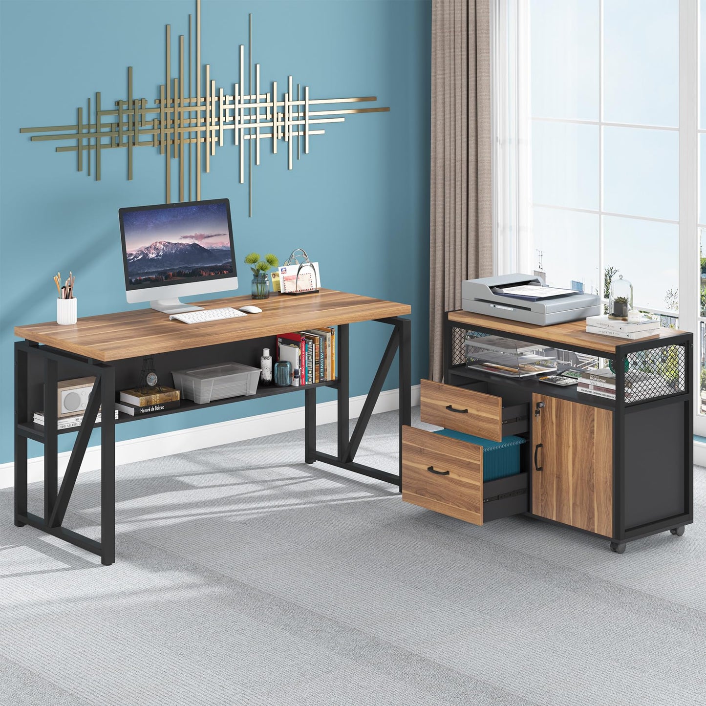 L-Shaped Executive Desk with Drawer Cabinet and File Storage Home Office Furniture
