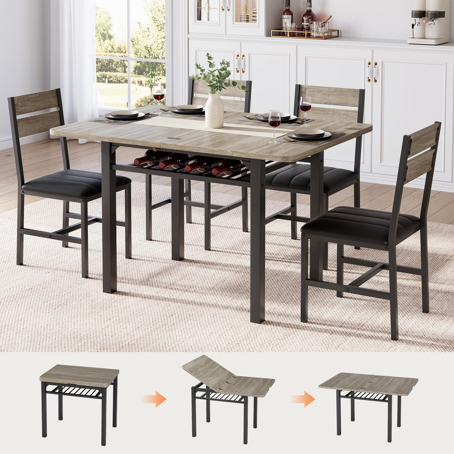 Extendable Dining Table Set for 4 with Upholstered PU Leather Chairs