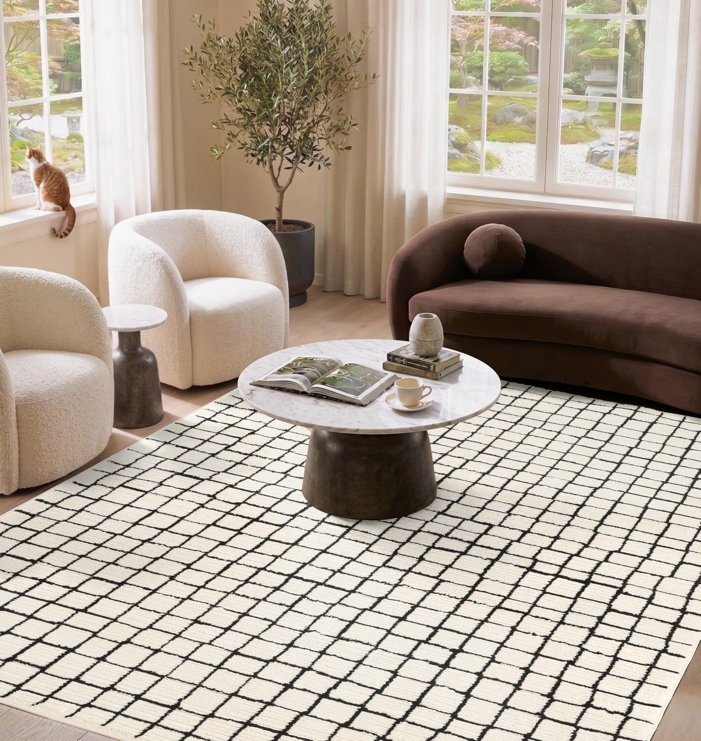 Geometric Beige Black Area Rug 3D Lines Modern Durable High Traffic Rug