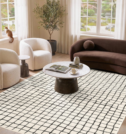 Geometric Beige Black Area Rug 3D Lines Modern Durable High Traffic Rug