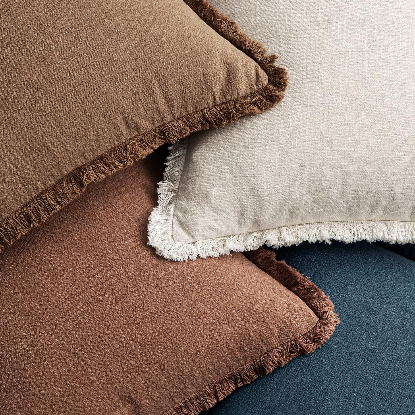 Neutral Linen Fringe Throw Pillow Covers Set of 4 Boho Farmhouse Tassel Cushion Covers for Sofa Bed Living Room Decor
