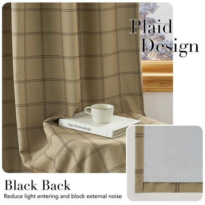 Linen Plaid Blackout Curtains Rod Pocket Back Tab Windowpane Drapes for Living Room Bedroom