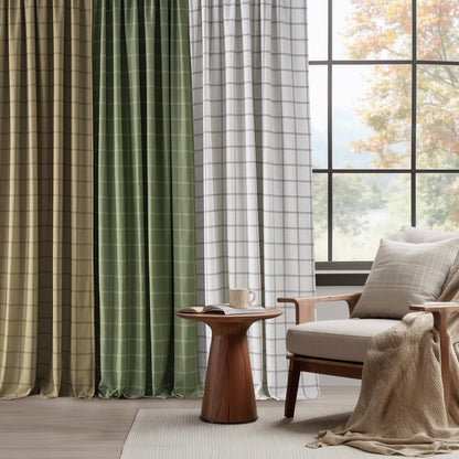 Linen Plaid Blackout Curtains Rod Pocket Back Tab Windowpane Drapes for Living Room Bedroom