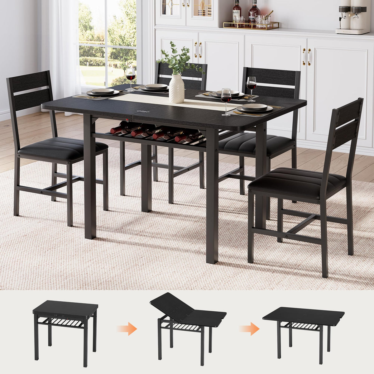 Extendable Dining Table Set for 4 with Upholstered PU Leather Chairs