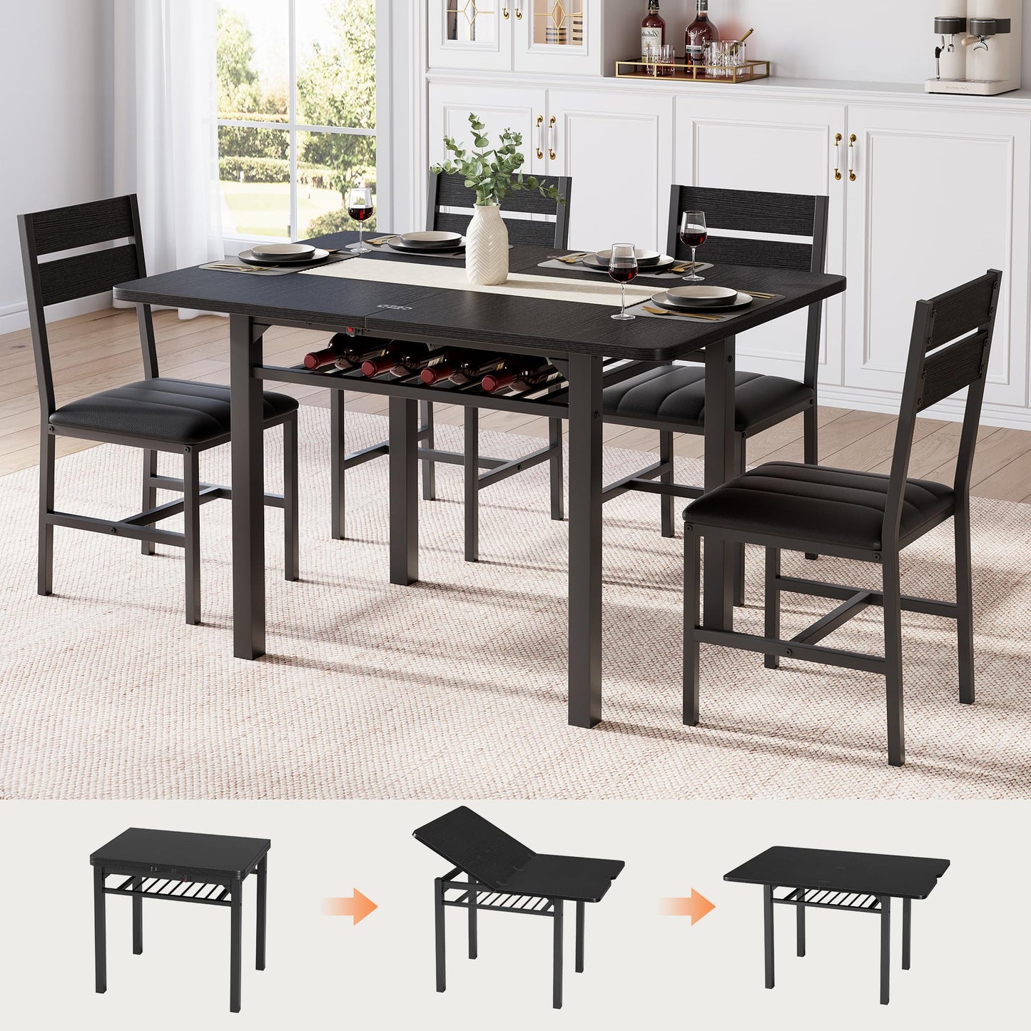 Extendable Dining Table Set for 4 with Upholstered PU Leather Chairs