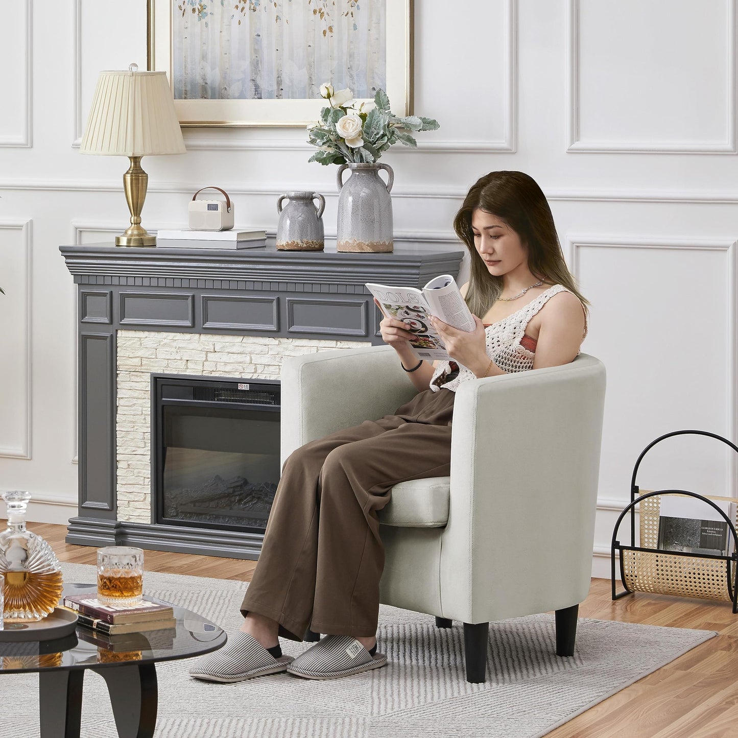 Velvet Armchair with Wide Seat and Wooden Frame for Living Room