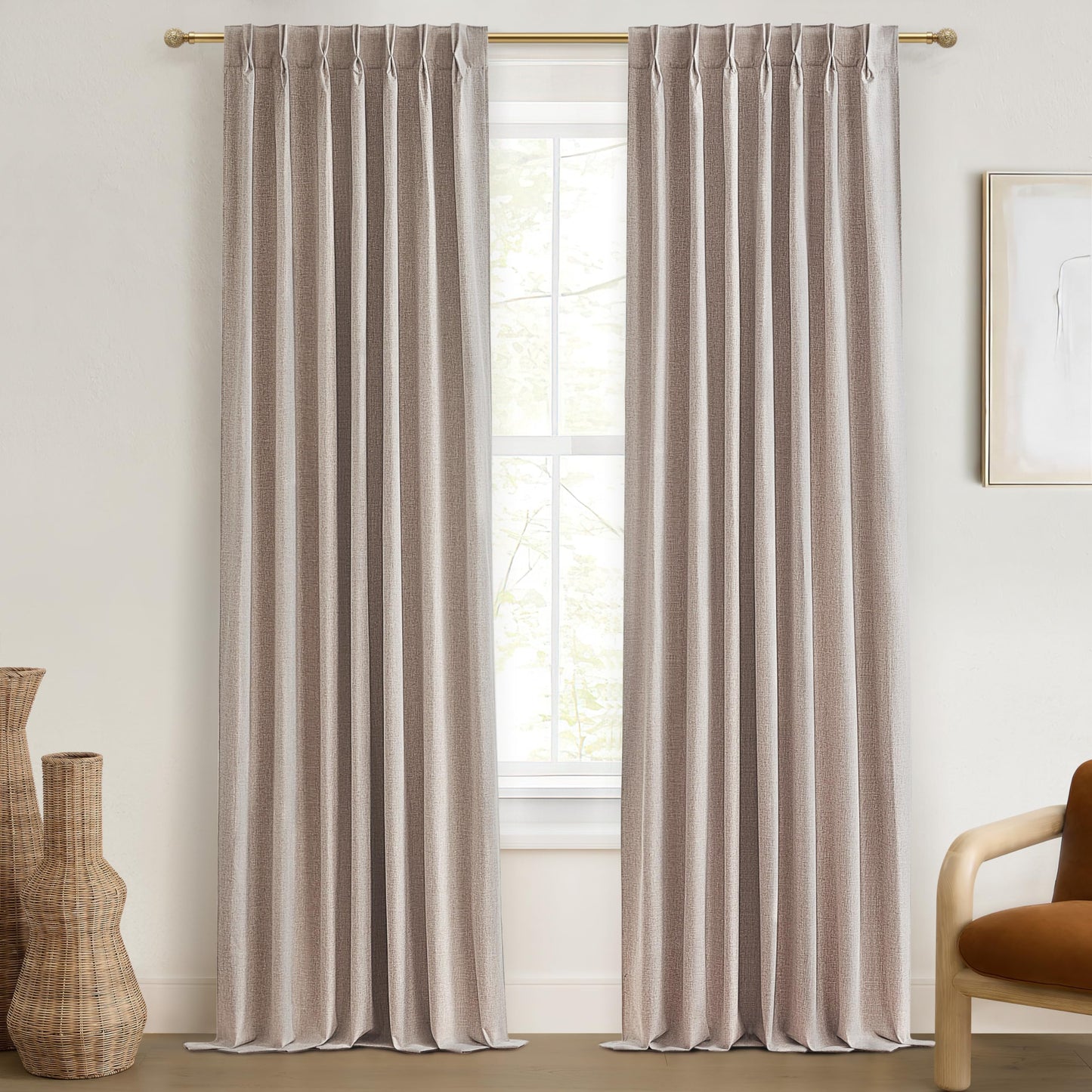 Linen Pinch Pleated Blackout Curtains 2 Panels Drapes for Living Room Bedroom