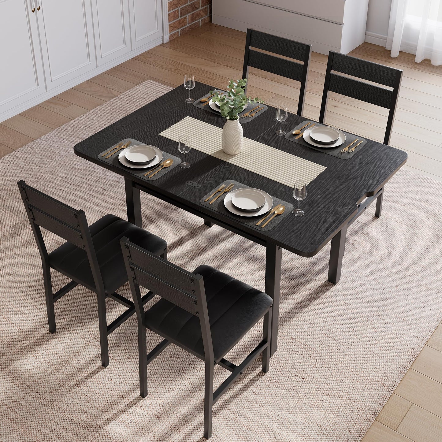 Extendable Dining Table Set for 4 with Upholstered PU Leather Chairs