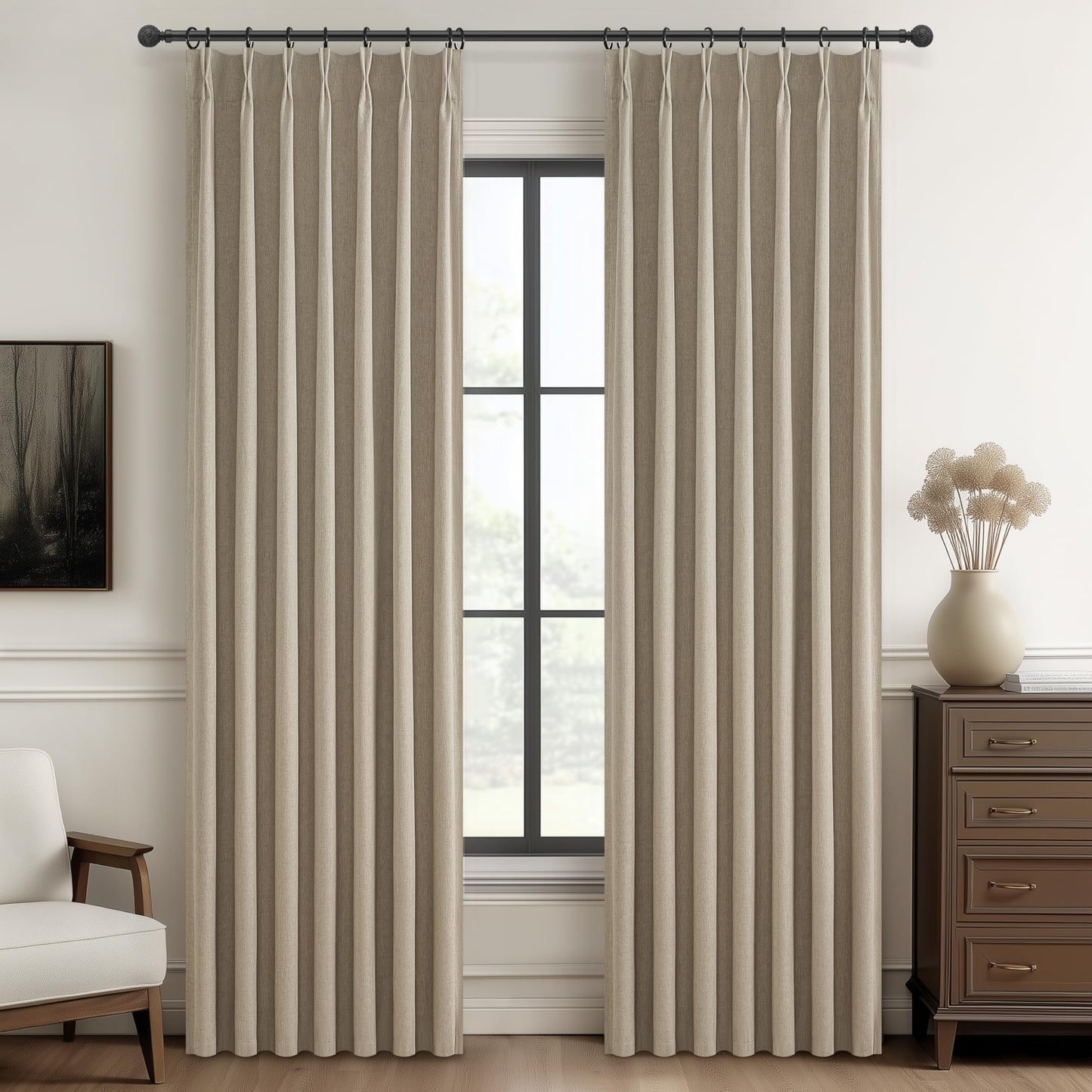 Linen Pinch Pleated Blackout Curtains 2 Panels Drapes for Living Room Bedroom