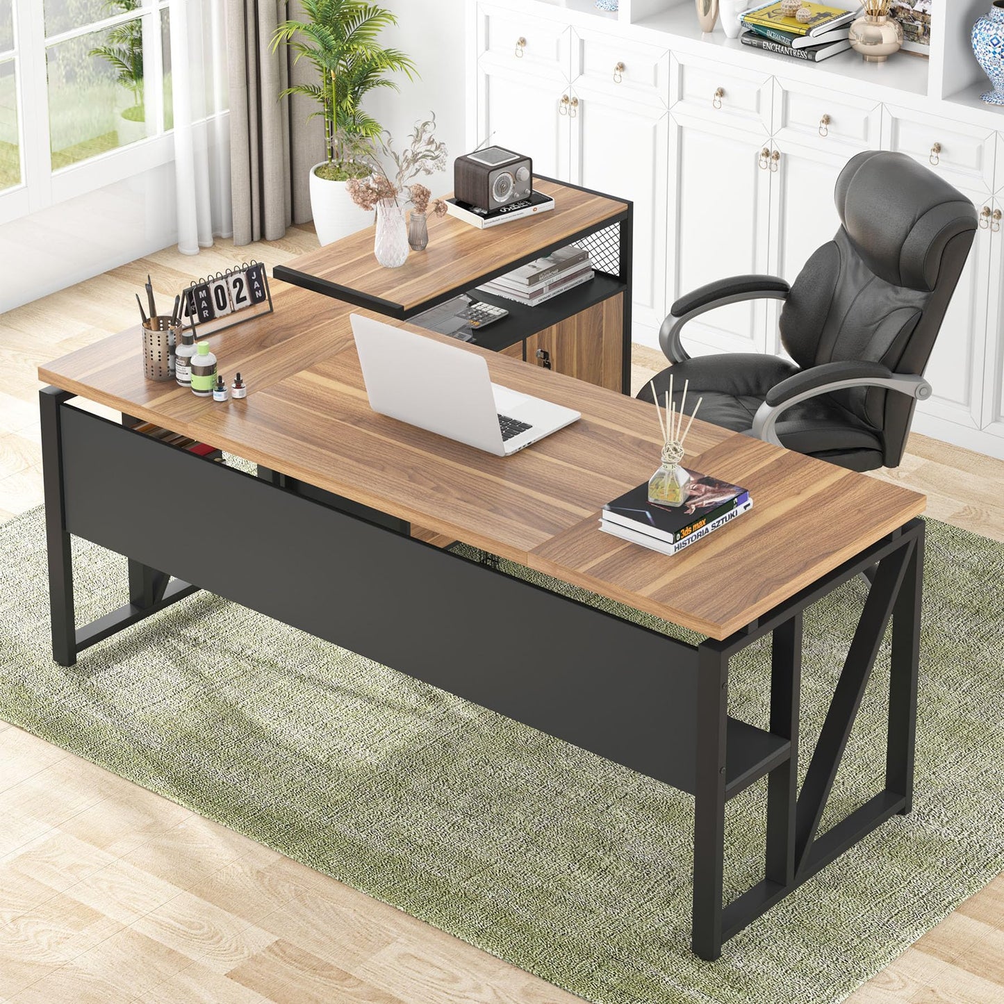 L-Shaped Executive Desk with Drawer Cabinet and File Storage Home Office Furniture