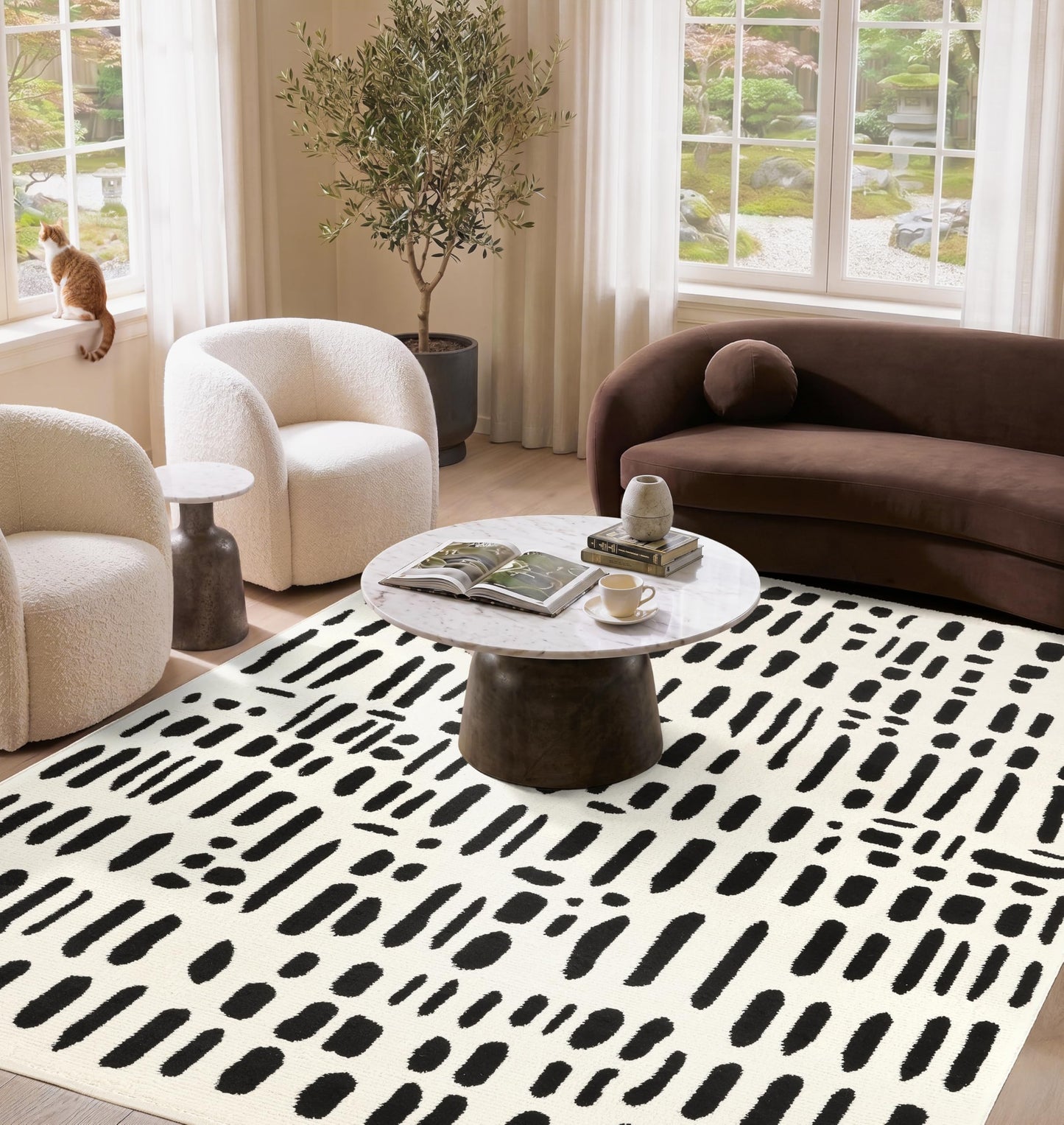 Geometric Beige Black Area Rug 3D Lines Modern Durable High Traffic Rug