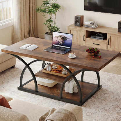 Rustic 3-Tier Coffee Table with Storage Industrial Wood Metal Frame