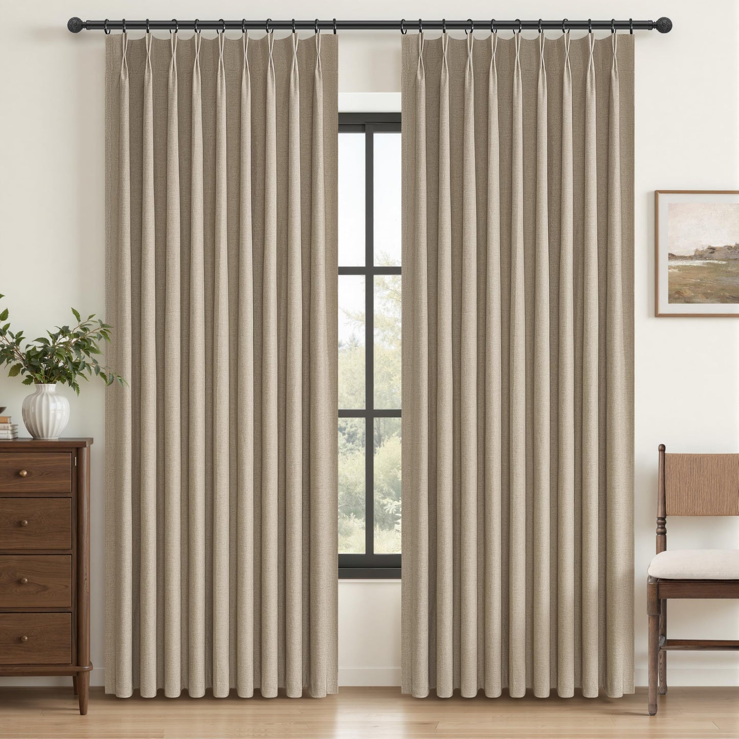 Linen Pinch Pleated Blackout Curtains 2 Panels Drapes for Living Room Bedroom