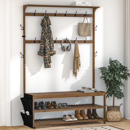 Hall Tree Entryway Bench with Coat Rack and Shoe Storage Bamboo Frame