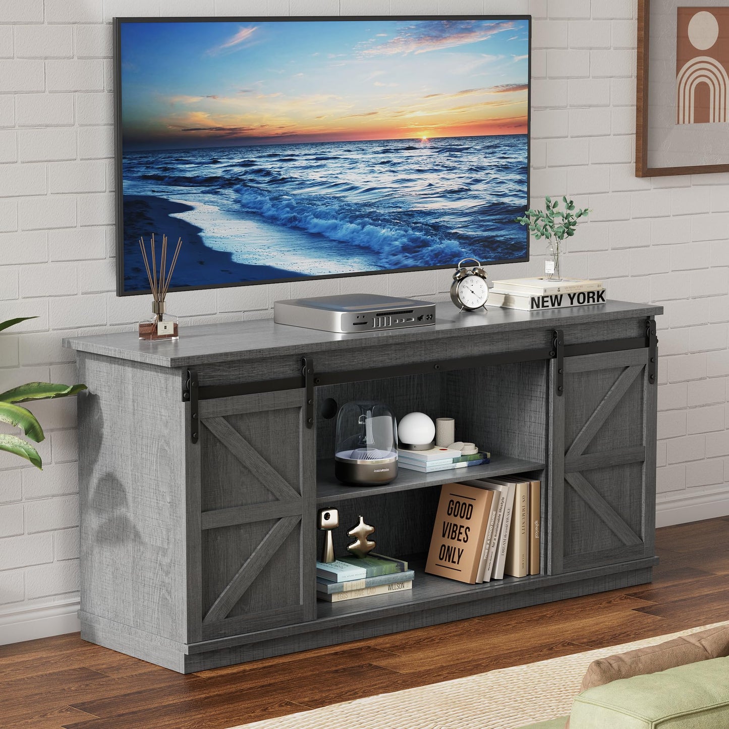TV Stand for 65 Inch TVs with Sliding Barn Doors and Storage Cabinets