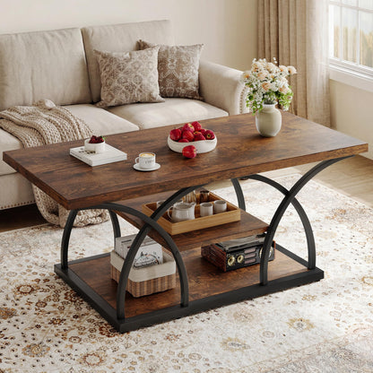 Rustic 3-Tier Coffee Table with Storage Industrial Wood Metal Frame