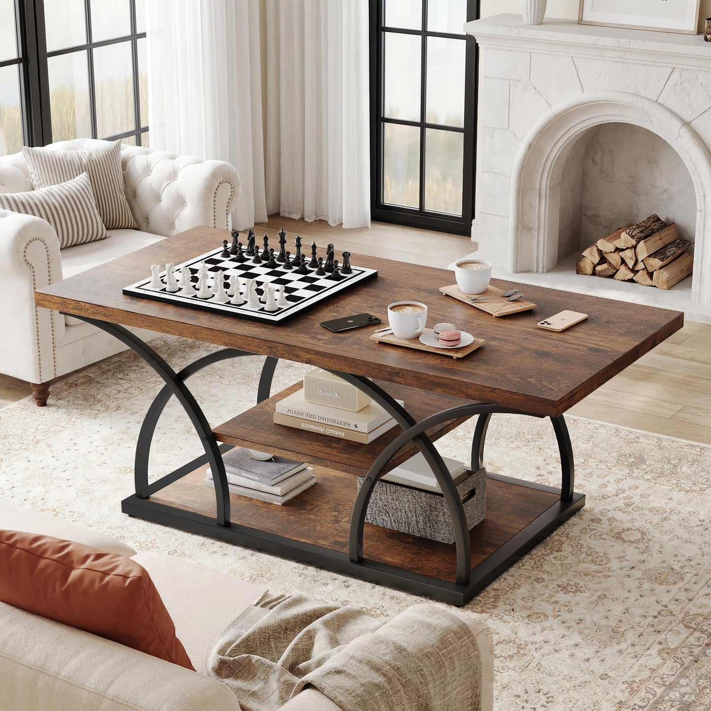 Rustic 3-Tier Coffee Table with Storage Industrial Wood Metal Frame