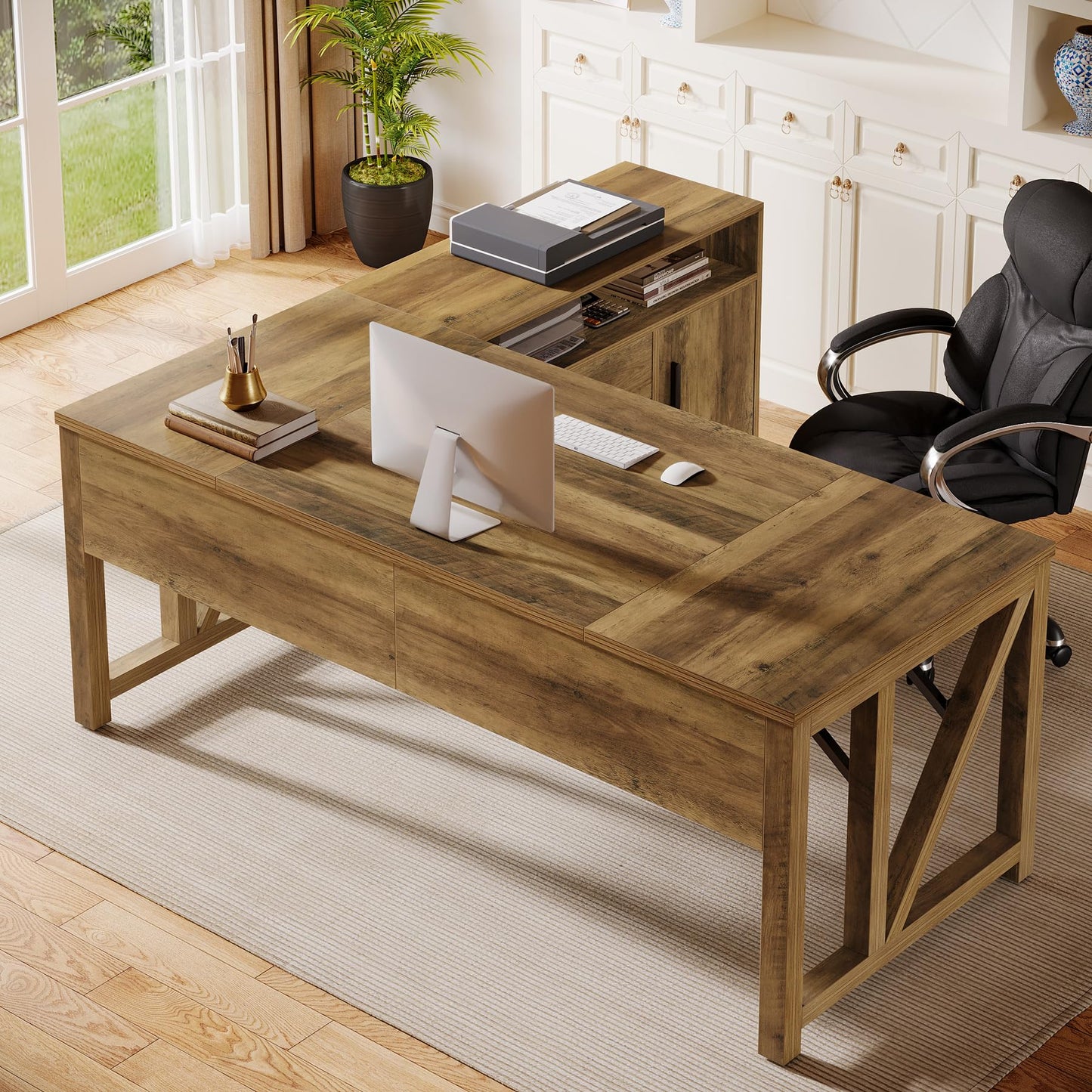 L-Shaped Executive Desk with Drawer Cabinet and File Storage Home Office Furniture