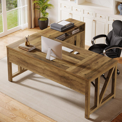 L-Shaped Executive Desk with Drawer Cabinet and File Storage Home Office Furniture