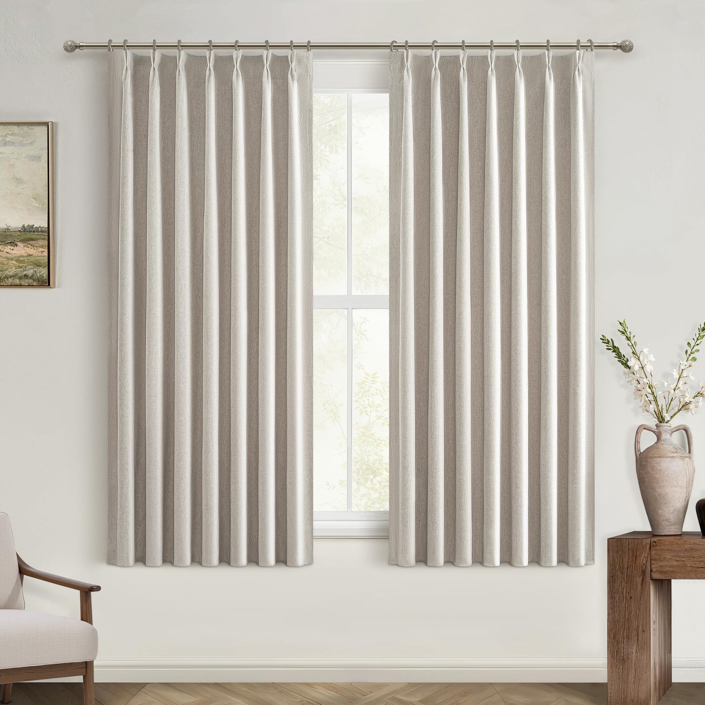 Linen Pinch Pleated Blackout Curtains 2 Panels Drapes for Living Room Bedroom