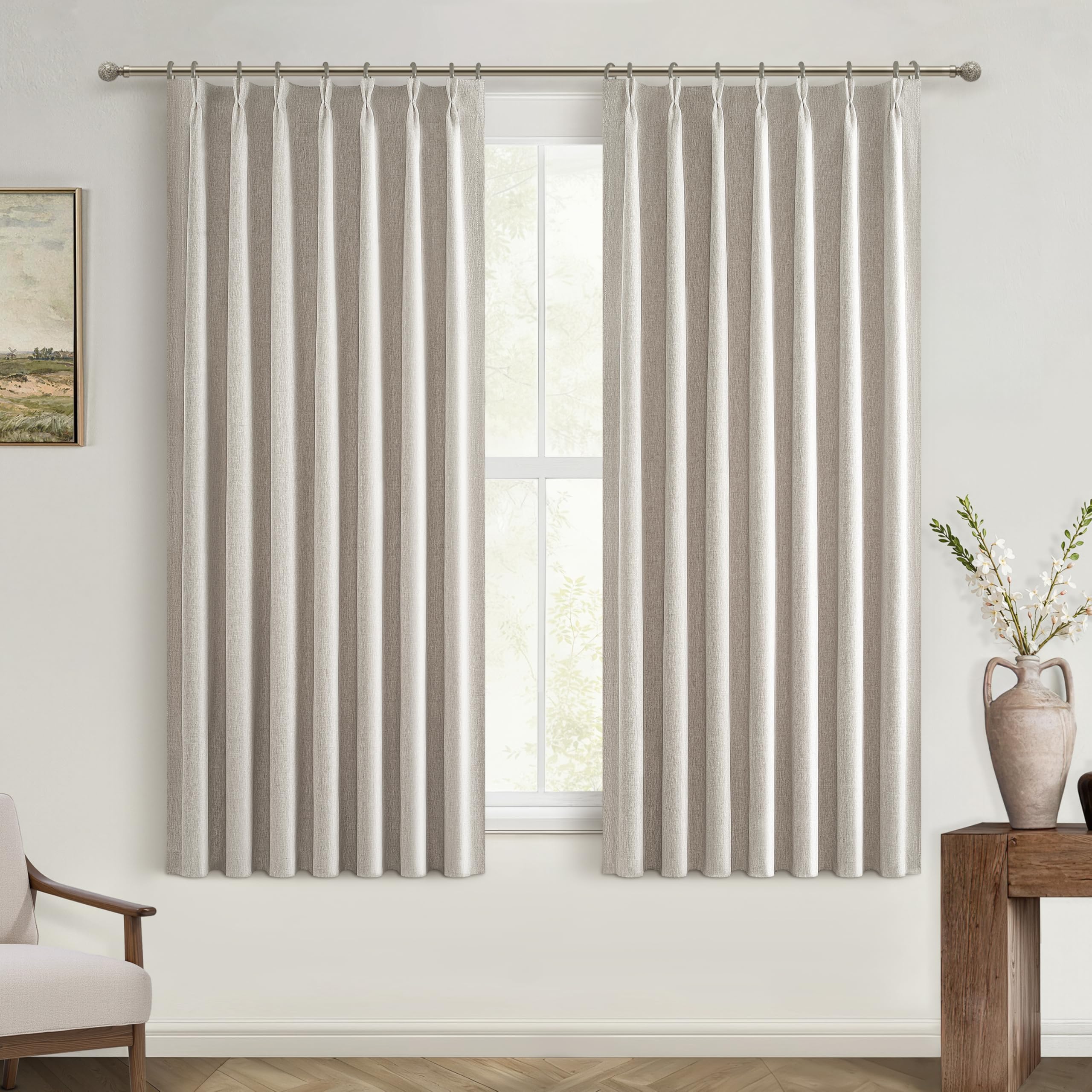 Linen Pinch Pleated Blackout Curtains 2 Panels Drapes for Living Room Bedroom