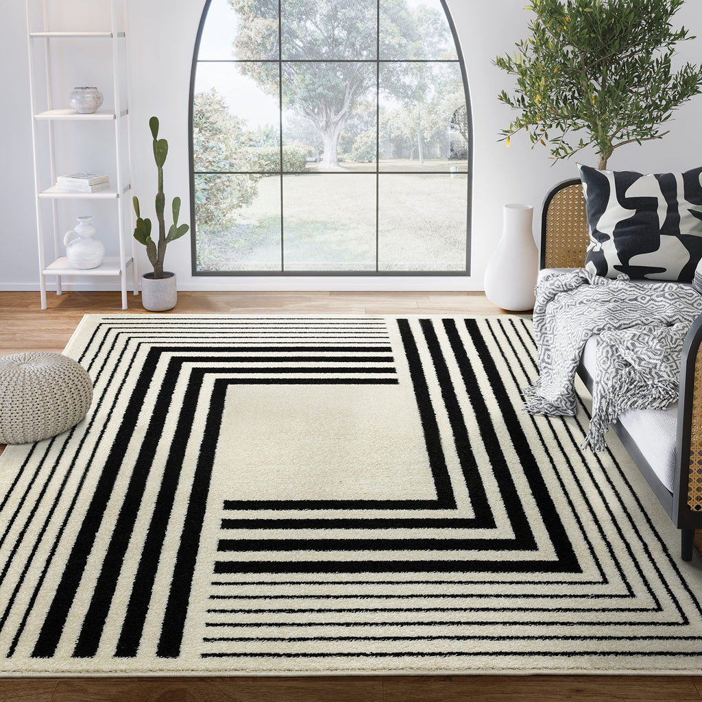 Geometric Beige Black Area Rug 3D Lines Modern Durable High Traffic Rug