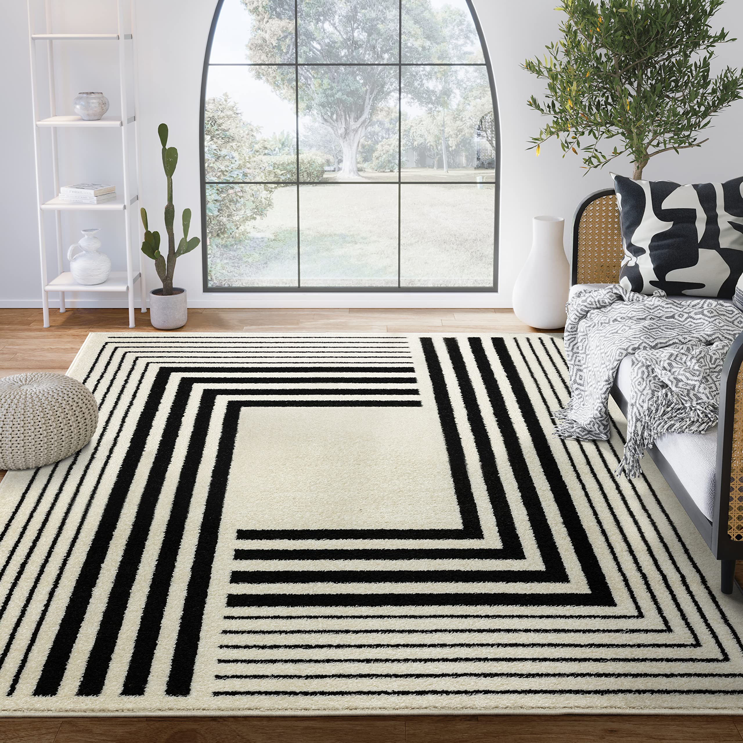 Geometric Beige Black Area Rug 3D Lines Modern Durable High Traffic Rug