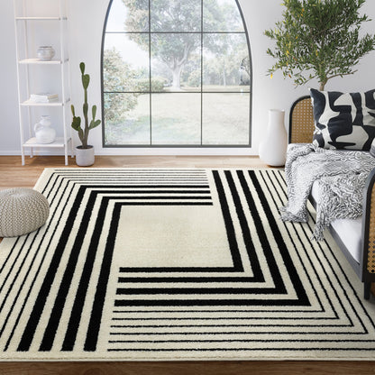 Geometric Beige Black Area Rug 3D Lines Modern Durable High Traffic Rug