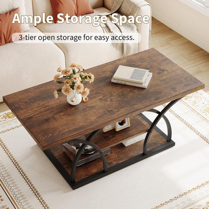 Rustic 3-Tier Coffee Table with Storage Industrial Wood Metal Frame