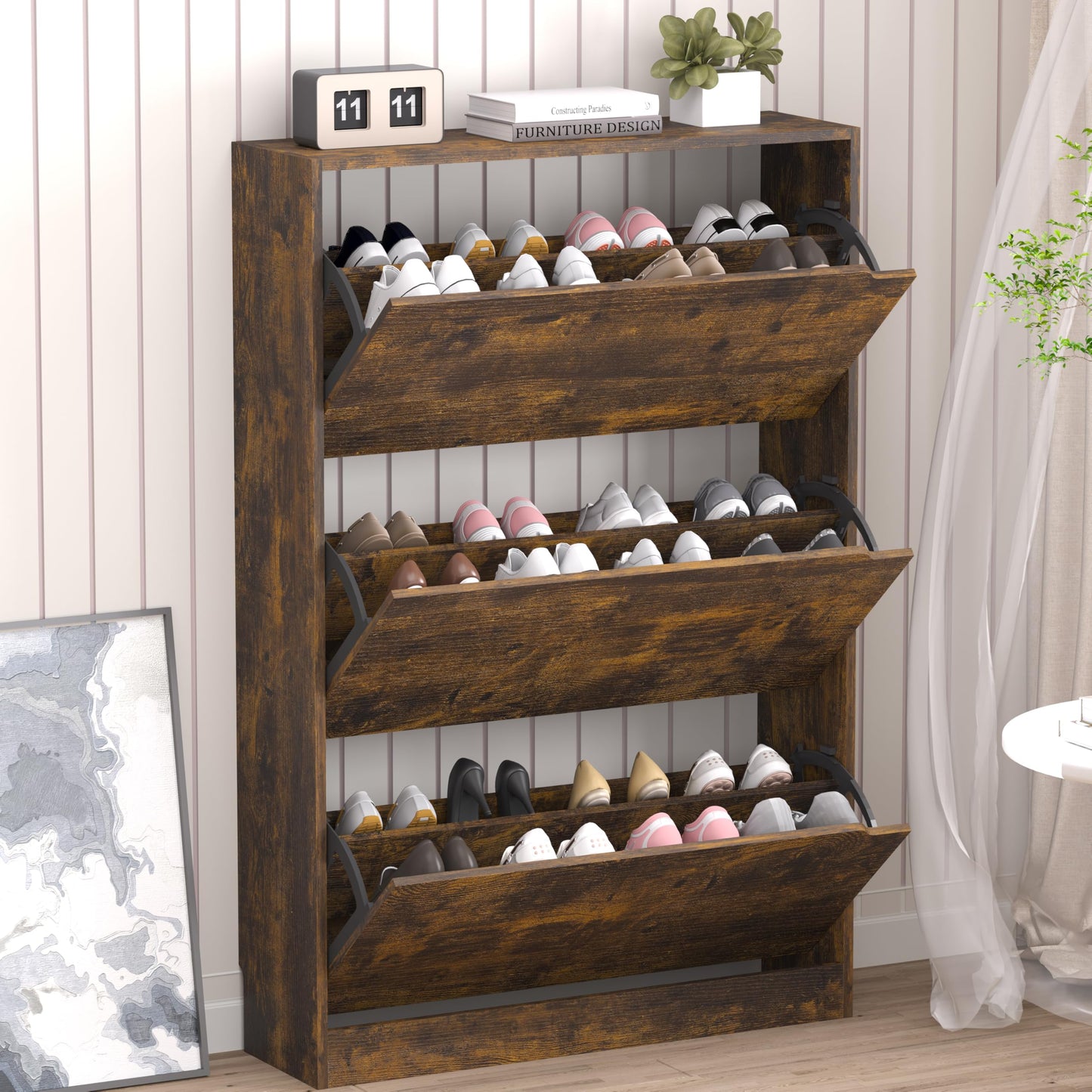 3-Flip Drawer Shoe Cabinet Freestanding Entryway Storage Cabinet